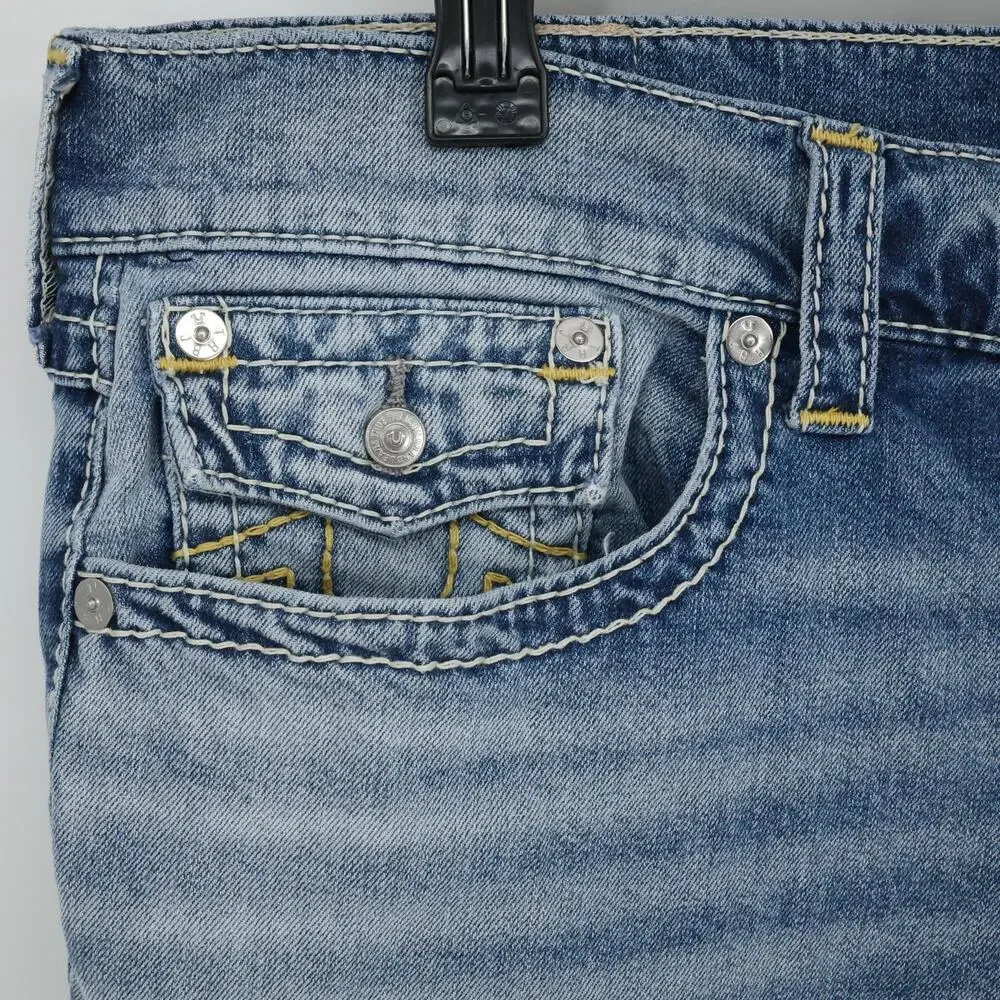 True Religion Jeans Mens 38 x 34 Blue Denim Rocco Relaxed Skinny Flap Pockets